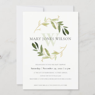 ELEGANT GOLD GREEN FOLIAGE WREATH BABY SHOWER CARD DANKESKARTE