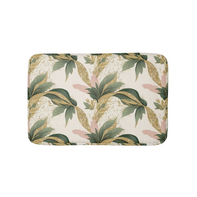 Elegant Gold & Green Leaf Pattern Touch of Pink Badematte (Vorderseite)