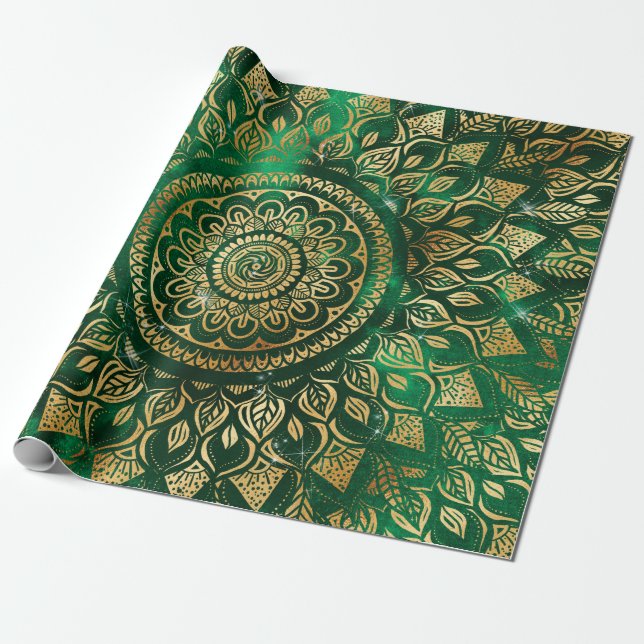 Elegant Gold Green Mandala Floral Geschenkpapier (Ungerollt)
