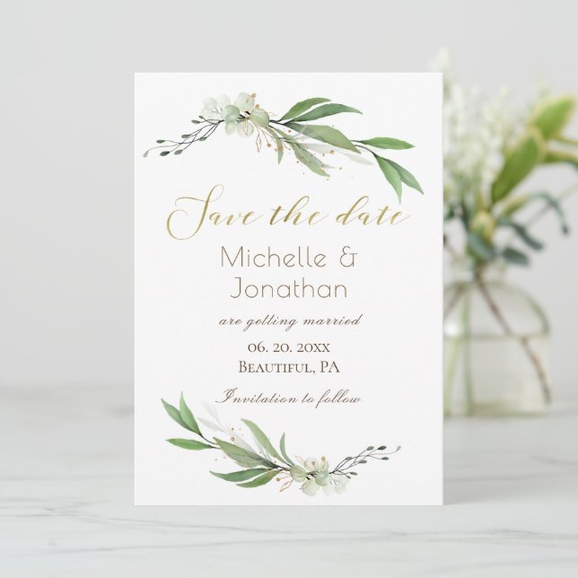 Elegant Gold Green Simple Floral Inspiration Save The Date (Stehend Vorderseite)