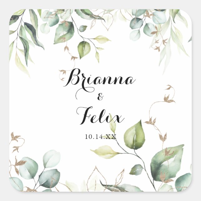 Elegant Gold Greenerding Wedding Umschlag Aufklebe Quadratischer Aufkleber (Vorderseite)