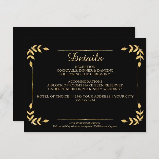 Elegant Gold Greenerity Black Wedding Details Einladung (Vorne/Hinten)