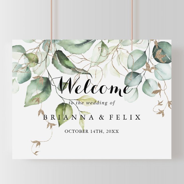 Elegant Gold Greenerity Wedding Willkommenszeichen Poster (Von Creator hochgeladen)