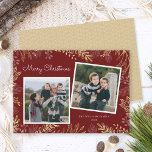 Elegant Gold Greenery 2 Fotos Liebe & Freude Feiertagskarte<br><div class="desc">Diese elegante Weihnachtskarte aus dem Foto bietet 2 quadratische Foto auf dunkelrotem Hintergrund,  die mit goldfarbenem und weißem Grün rund um den Rand geziert sind. Die Grußbotschaft lautet: Frieden,  Liebe & Freude. Fotografie © Storytree Studios,  Stanford,  CA</div>