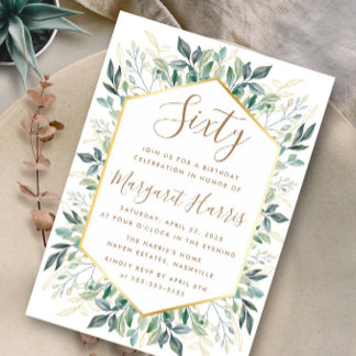 Elegant Gold Greenery Blätter 60. Geburtstag Einladung