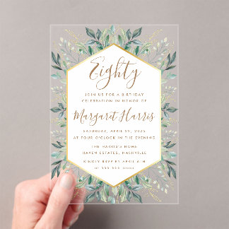 Elegant Gold Greenery Blätter 80. Geburtstag Acryleinladungen