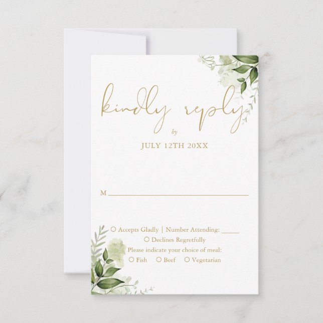 Elegant Gold Greenery Bloral Wedding RSVP Karte (Vorderseite)