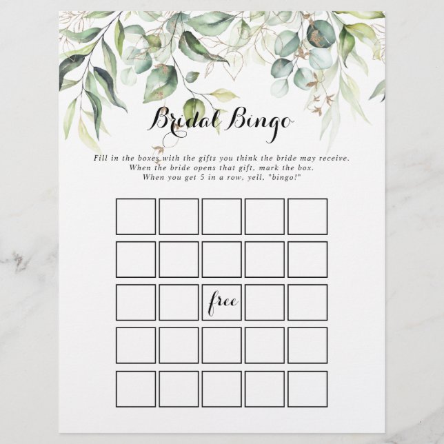 Elegant Gold Greenery Bridal Bingo Game (Vorderseite)