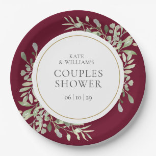 Elegant Gold Greenery Burgundy Couples Dusche Pappteller