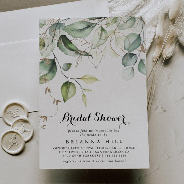 Elegant Gold Greenery Calligraphy Brautparty Einladung (Von Creator hochgeladen)