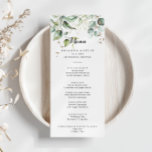 Elegant Gold Greenery Calligraphy Dinner Menükarte<br><div class="desc">Diese elegante Karte mit goldgrünen Kalligrafien eignet sich ideal für eine moderne Hochzeit. Das Design ist mit handgezeichnet Gold- und botanisch-grünen Eukalyptus-Blätter ausgestattet,  die künstlerische Schönheit inspirierend. Dieses Menü kann für Hochzeitsempfang,  Probe Dinner,  Brautparty oder jede Veranstaltung verwendet werden.</div>