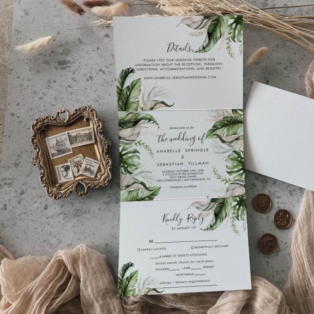 Elegant Gold Greenery Calligraphy Wedding Dreifach Gefaltete Einladung (Von Creator hochgeladen)