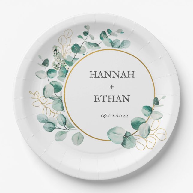 Elegant Gold Greenery Eucalyptus Personalized   Pappteller (Vorderseite)