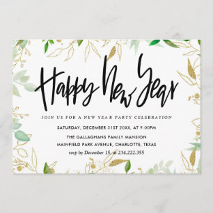 Elegant Gold Greenery Happy New Year Script Einladung