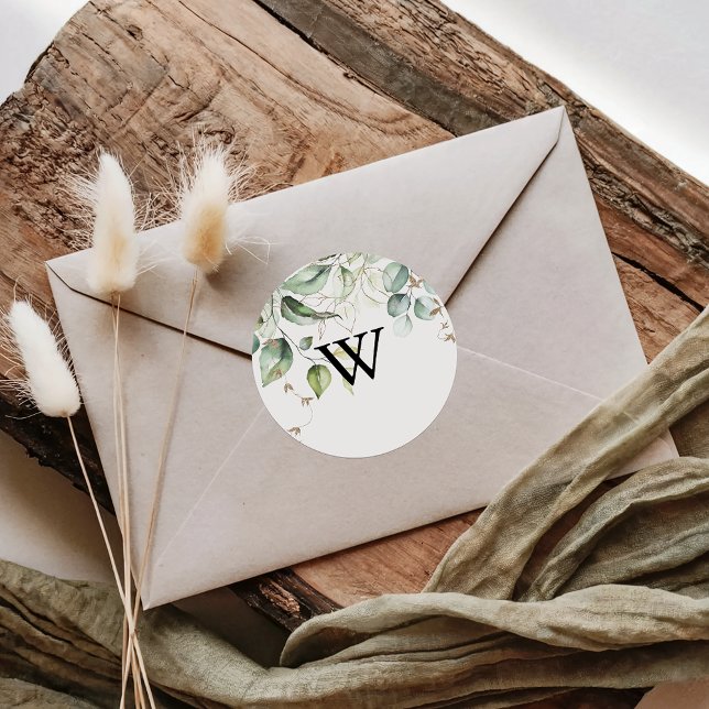 Elegant Gold Greenery Monogram Wedding Envelope Runder Aufkleber (Von Creator hochgeladen)