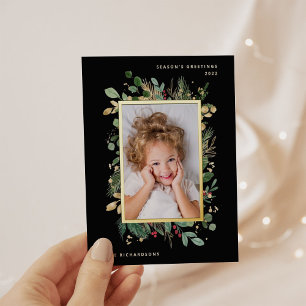 Elegant Gold Greenery   Schwarz mit Foto Folien Feiertagspostkarte