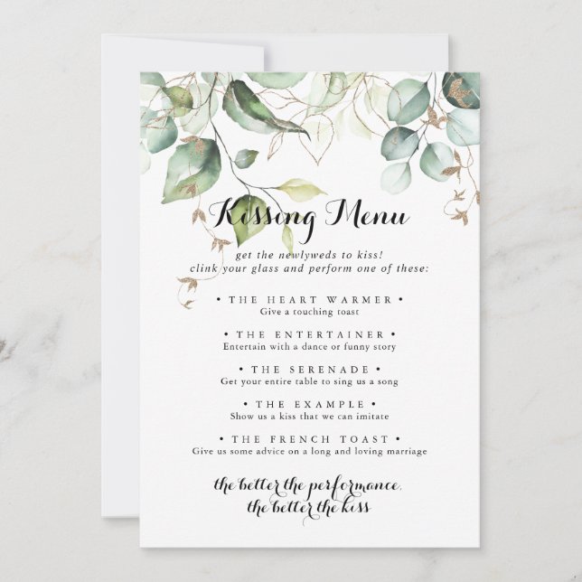 Elegant Gold Greenery Wedding Kissing Menu Game (Vorderseite)