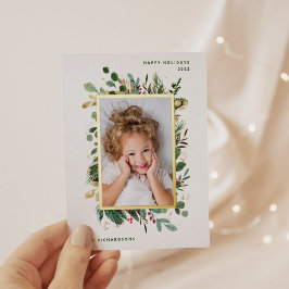 Elegant Gold Greenery | Weiß mit Foto Folien Feiertagspostkarte