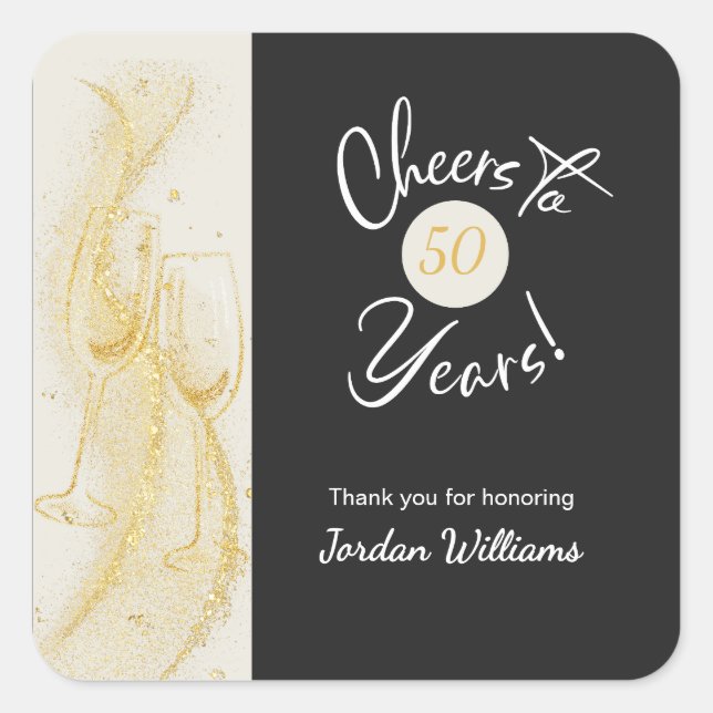 Elegant Gold Grey Cheers to 50 Years Birthday Quadratischer Aufkleber (Vorderseite)