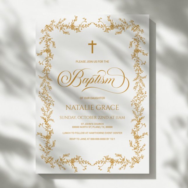 Elegant Gold Hand Drawn Floral Frame Baptism Einladung (Von Creator hochgeladen)
