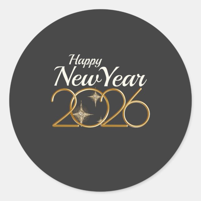 Elegant Gold “Happy New Year 2026” Black & Gold  Runder Aufkleber (Vorderseite)