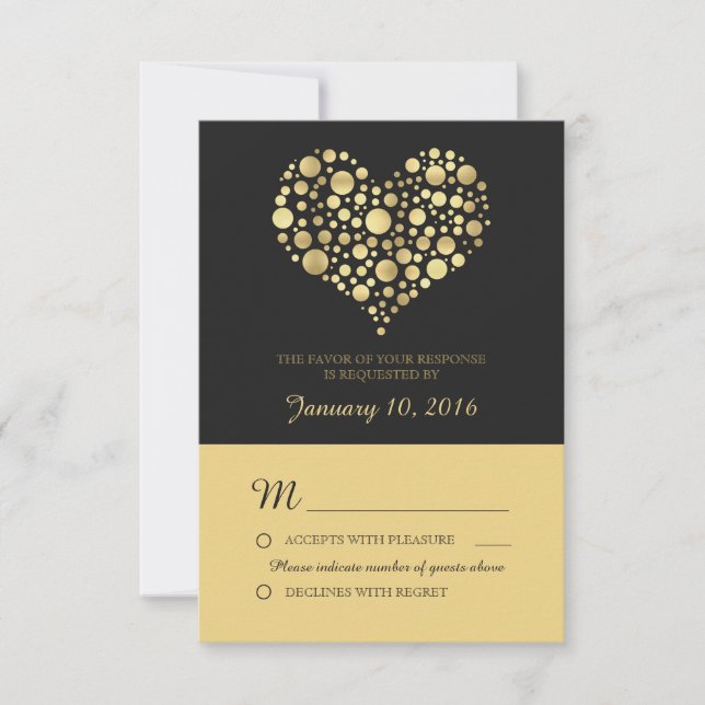 Elegant Gold Heart Dusty Black Wedding RSVP (Vorderseite)