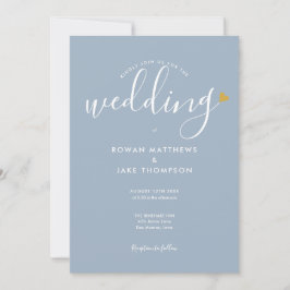 Elegant Gold Heart Dusty Blue Script Wedding Einladung