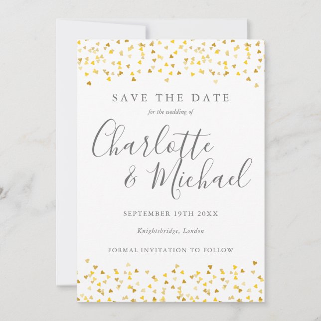 Elegant Gold Hearts Confetti Signature Script Save The Date (Vorderseite)