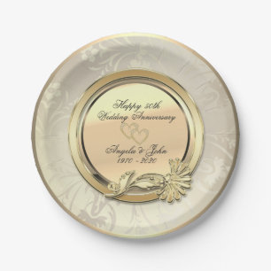 Elegant Gold Hearts Floral 50. Wedding Anniversar Pappteller