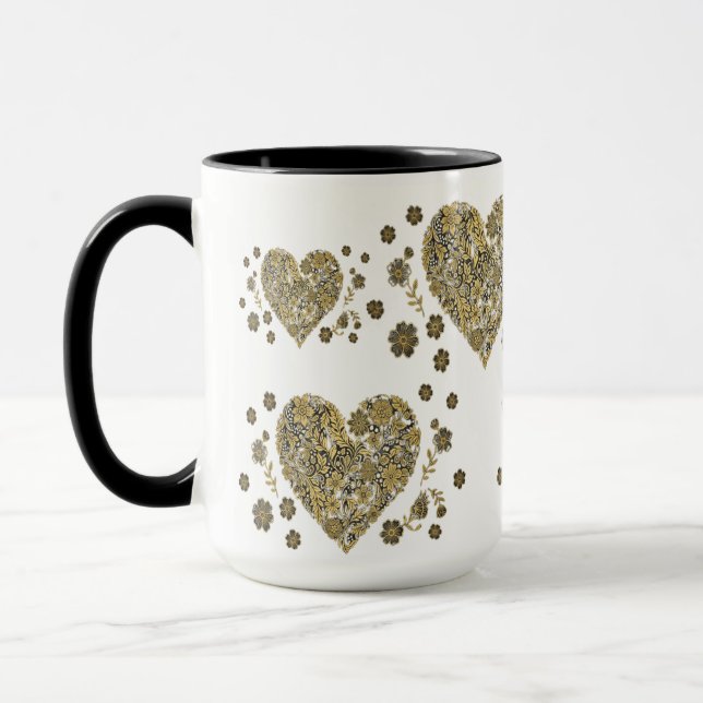 Elegant Gold Hearts & Floral Mug – Romantic Gift Tasse (Links)