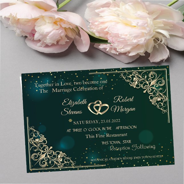 Elegant Gold Hearts Frame Green Wedding Einladung (Von Creator hochgeladen)