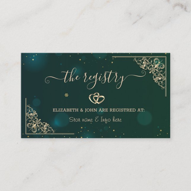 Elegant Gold Hearts Frame Green Wedding Registry Begleitkarte (Vorderseite)