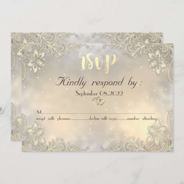 Elegant Gold Hearts Lace Wedding RSVP Einladung (Vorne/Hinten)