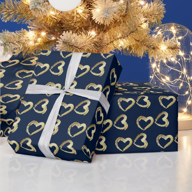Elegant Gold Hearts on Navy Dunkelblau Geschenkpapier (Feiertage)
