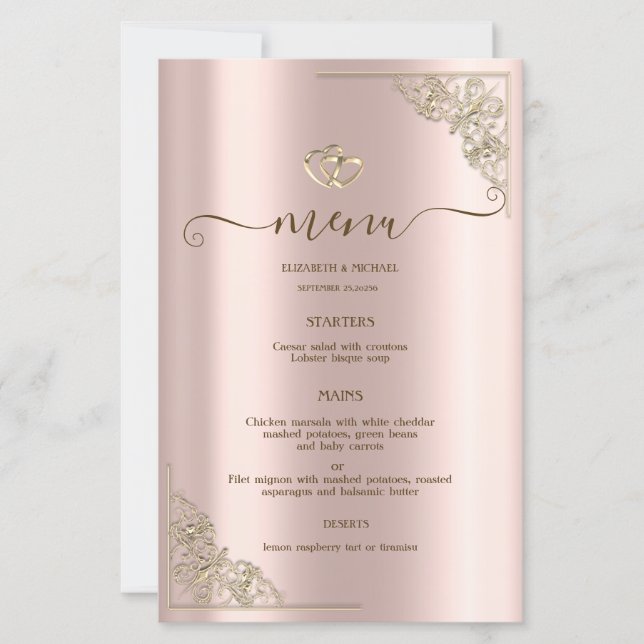 Elegant Gold Hearts Rose Gold Wedding Menu Card (Vorderseite)