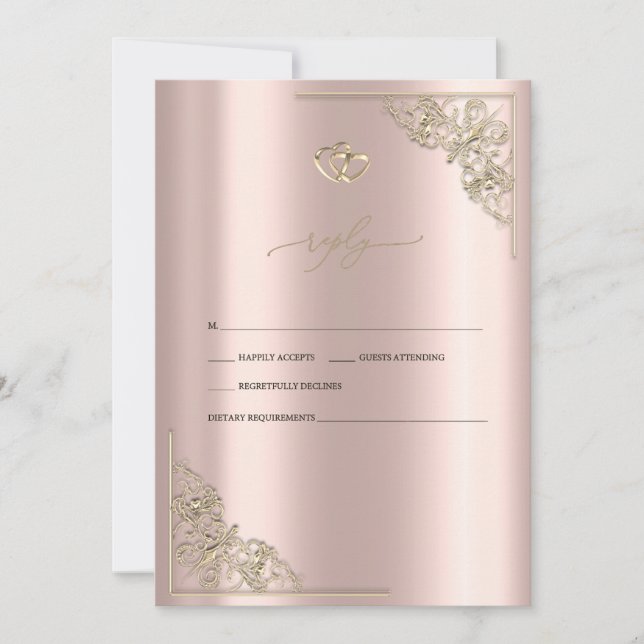 Elegant Gold Hearts Rose Gold Wedding RSVP   Einladung (Vorderseite)