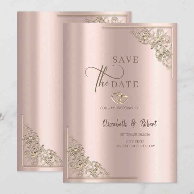 Elegant Gold Hearts Rose Gold Wedding Save The Date (Vorne/Hinten)