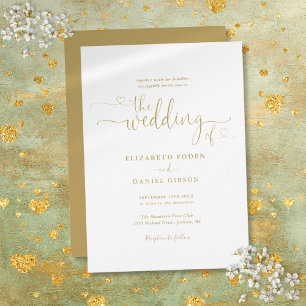 Elegant Gold Hearts Script Calligrafy Wedding Einladung