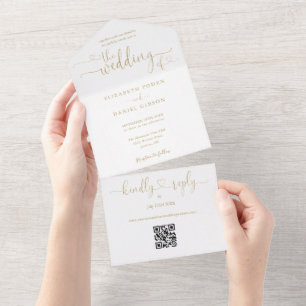 Elegant Gold Hearts Script QR Code Hochzeit All In One Einladung