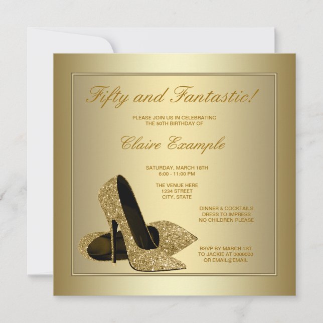 Elegant Gold High Heels Frauen Gold 50. Geburtstag Einladung (Vorderseite)