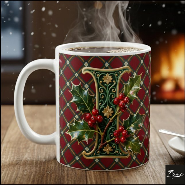 Elegant Gold Holly Christmas Initial Letter I Kaffeetasse (Von Creator hochgeladen)