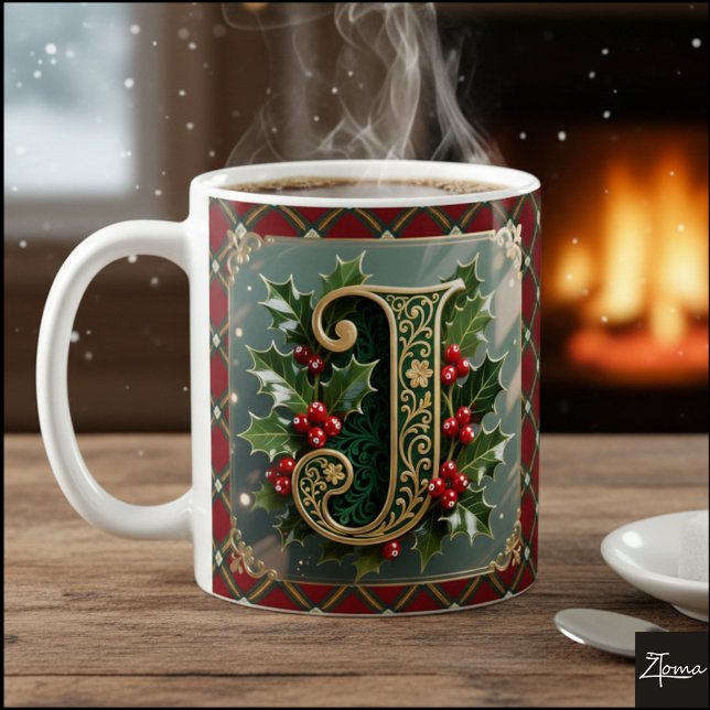 Elegant Gold Holly Christmas Initial Letter J Kaffeetasse (Von Creator hochgeladen)