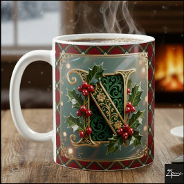 Elegant Gold Holly Christmas Initial Letter N Kaffeetasse