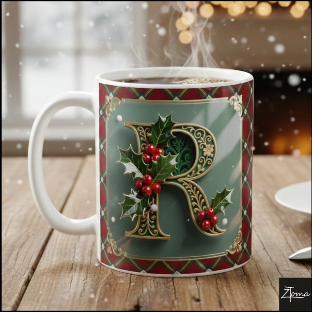 Elegant Gold Holly Christmas Initial Letter R Kaffeetasse (Von Creator hochgeladen)