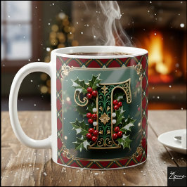 Elegant Gold Holly Christmas Initial Letter T Kaffeetasse