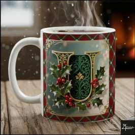 Elegant Gold Holly Christmas Initial Letter U Kaffeetasse