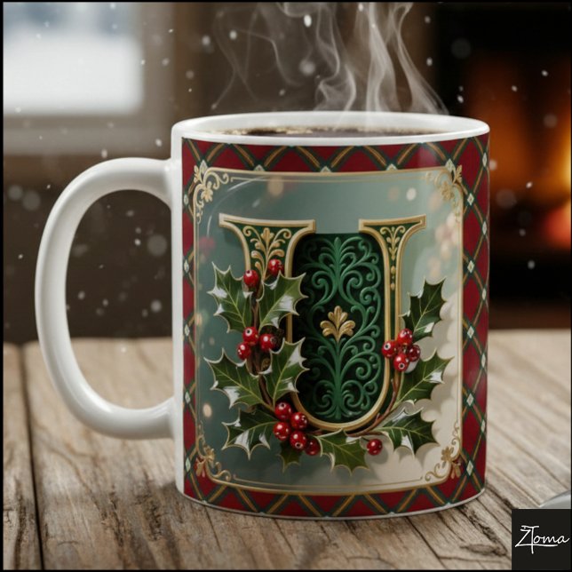 Elegant Gold Holly Christmas Initial Letter U Kaffeetasse (Von Creator hochgeladen)