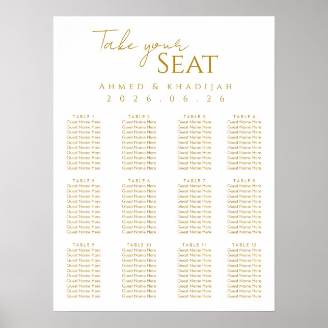 Elegant Gold Islamic Wedding Seating Chart Poster (Vorne)