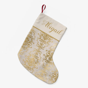 Elegant Gold Ivory Damask Personalisiert Kleiner Weihnachtsstrumpf