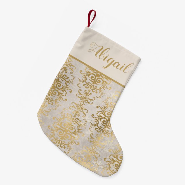 Elegant Gold Ivory Damask Personalisiert Kleiner Weihnachtsstrumpf (Vorderansicht (hängend))